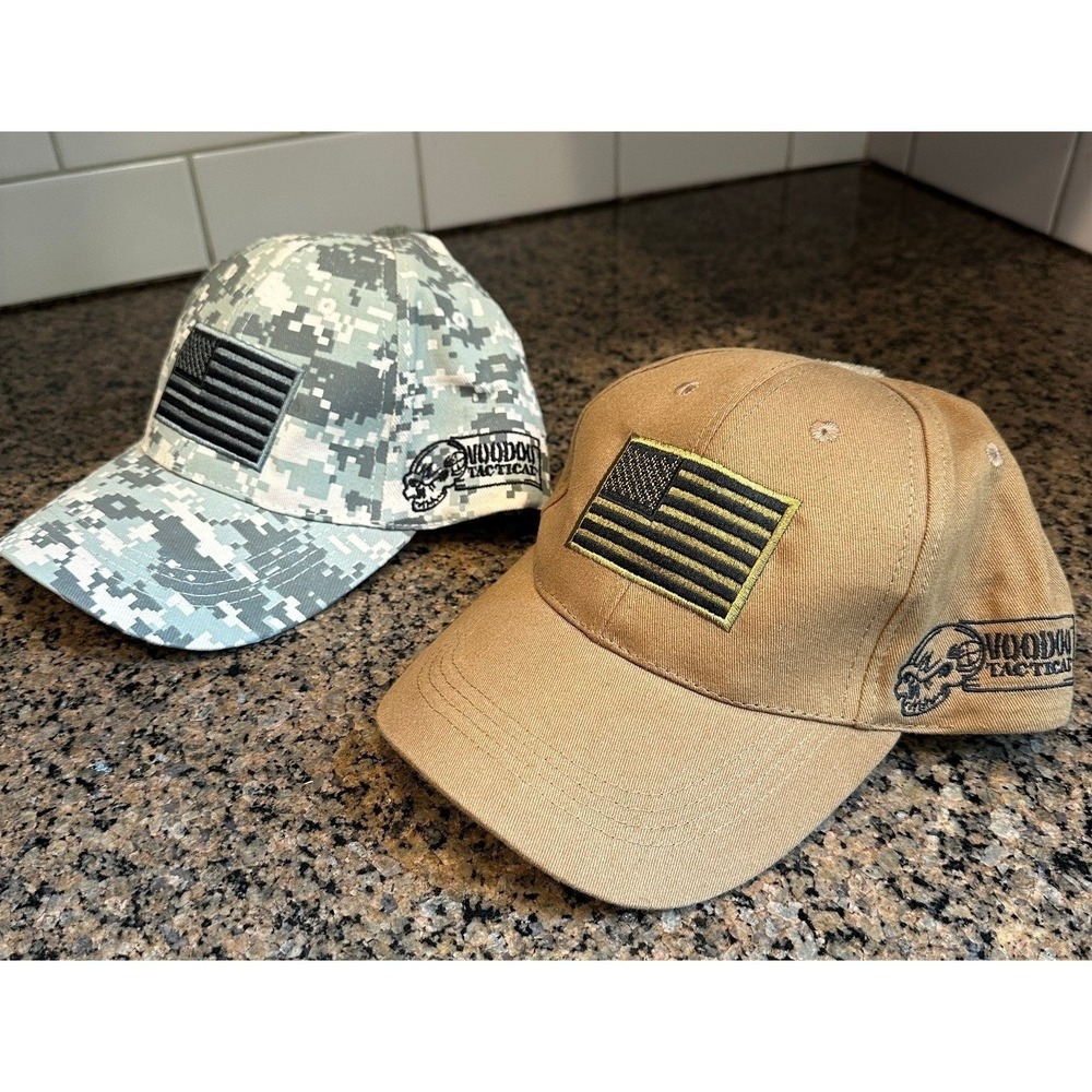 Voodoo‎ Tactical Hat Lot of 2 USA Flag Caps Camo Tan Adjustable